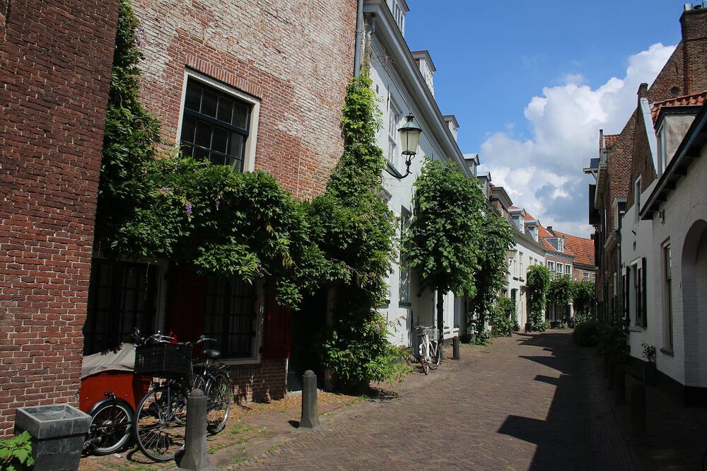 Een straatje in de Muurhuizen in Amersfoort met klimop over de oude bakstenen gevels